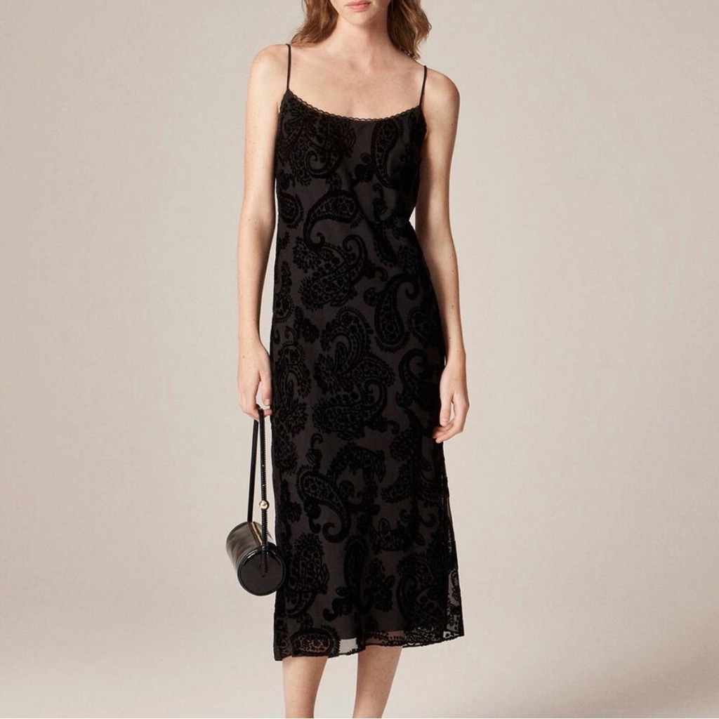 J. Crew Black Velvet Print Slip Midi Dress Nwt